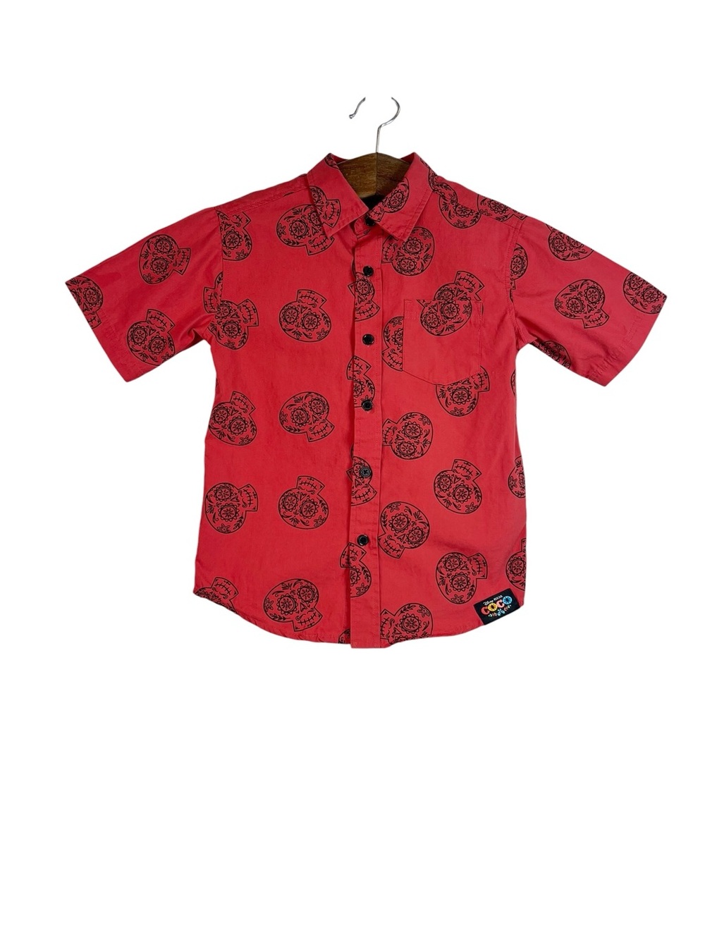 Disney Coco Red Button Down Calavera Shirt Sugar Skull Dia De Los Muertos 5/6